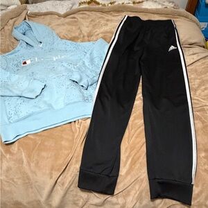 Adidas & Champion Kids Black Track Pants with White Stripes & Blue Sweatshirt L